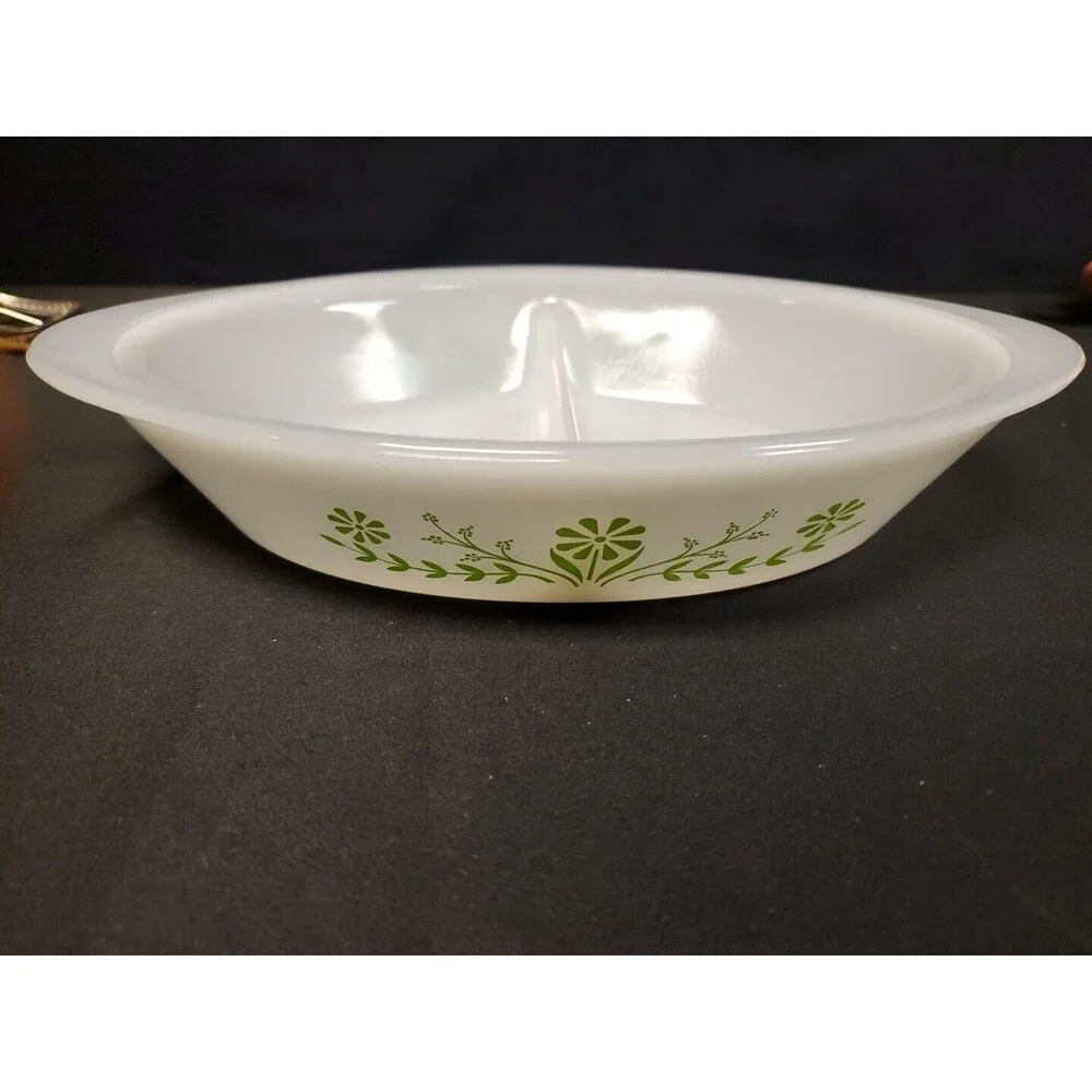 Glasbake Green Daisy J2352 Oval Divided Bakeware Casserole Baking Dish Jeanette